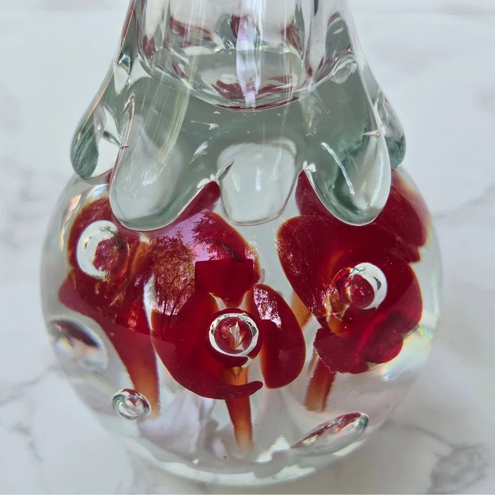 Vintage Paperweight Base Bud Vase  Art Glass Red White Flower Ruffled Rim 7.5 in